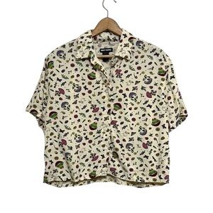 Hot Topic Cropped Button Up Blouse Woman’s Size Large Ivory Mushroom Frog Rayon